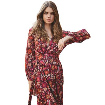 China Fashion Custom Made Anti-Static Women V Neck Floral Print Chiffon Long Maxi Dresses Long Sleeve Chiffon Long Maxi Dresses for sale