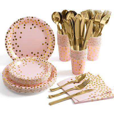 China Non-Toxic Rose and Gold Party Supplies 175 Piece Gold Dots Disposable Dinnerware Set for sale