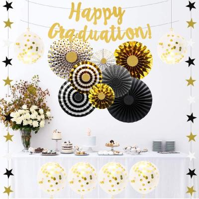 China 2021 Non-toxic Black Happy Graduation Banners Decorations Graduation Gold Paper Fans Star Garland Confetti Balloons Set for sale