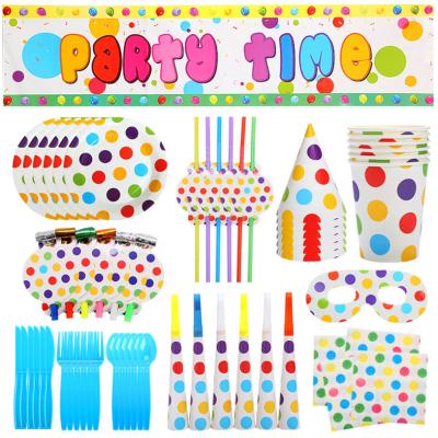 China New Color Dot Theme Party Set Paper Cup Paper Plate Non-toxic Tableware Children's Birthday Decoration for sale