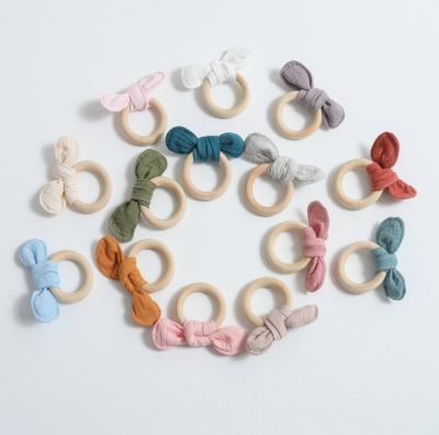 China Soft Toy YDS Wooden Baby Boy Bunny Ear Teether Safe Teething Organic Ring for sale