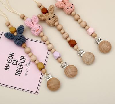 China YDS PVC Beech Wood Free Natural Pacifier Clips Crochet Cotton Rabbit Pacifier Clip Chain For Baby for sale