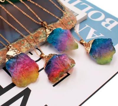 China FASHIONABLE Wholesale Natural Chain Pendant Necklace Rainbow Fluorite Multicolor Handmade Quartz Crystal Necklace for sale