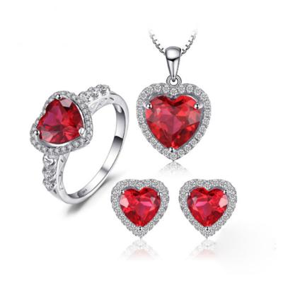 China FASHIONABLE Outlet 925 Silver Jewelry Factory Ruby Love Ring Necklace Stud Passionate Earrings Set Synthetic 5A Zirconia Bridal Jewelry Set for sale