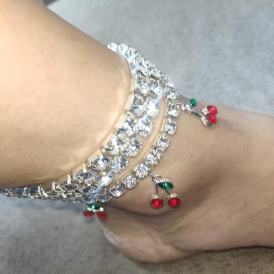 China New Fashion TRENDY Rhinestone Cherry Anklet Beach Leisure Shiny Single Row Zircon Cherry Pendant Anklet for sale