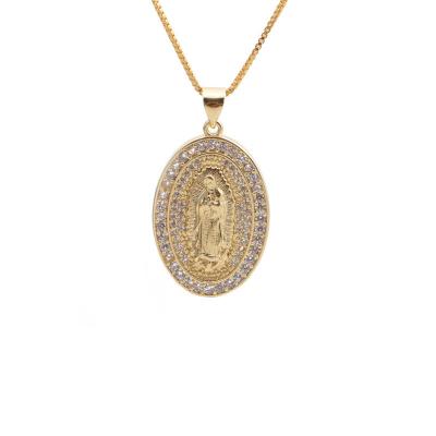 China Religious Oval Virgin Mary Pendant Necklace Gold Plated And Religious Female Zircon Clavicle Chain for sale