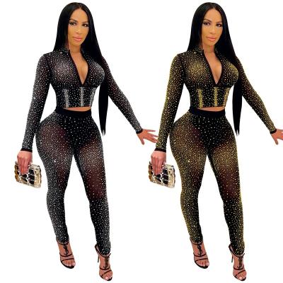 China Breathable New Product Fashion Low V Neck Legging Set Party Club Glitter Overalls Women See Through Rhinestone Pants Two Piece Set for sale