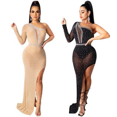 China Autumn One Shoulder Breathable Mesh Irregular Sexy Women See Through Rhinestone Diamond Party Dress With Underpants Ladies Evening Dress for sale