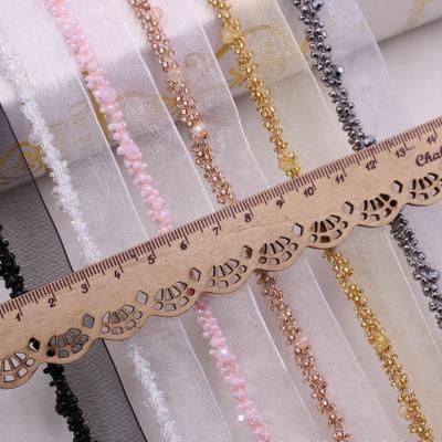 China Handmade Morden Lace Fabric Tassel Dressing Accessory Silk Trim 1.8cm Diamond Beaded Lace Ribbon Embroidery for sale