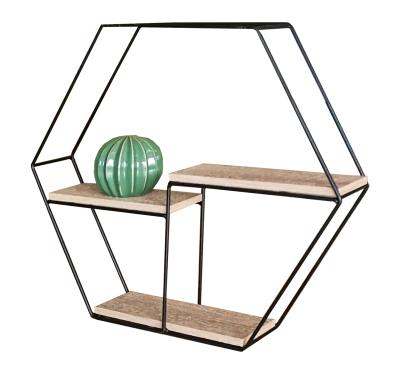 China Storage Decorative Hexagon Metal Wood Steel Shelf for sale