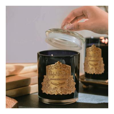 China High End Customized Metal Scented Marking Black Glass Jar Soy Wax Candle Scented for sale