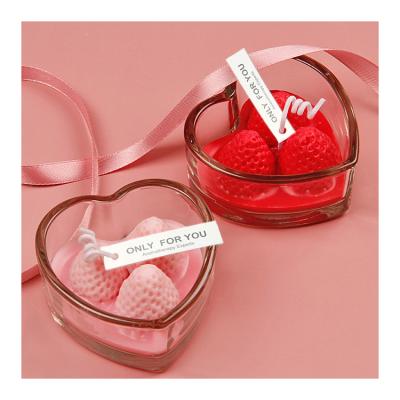 China Hot Selling Jar Strawberry Heart Shaped Frosted Glass Scented Candle Scented Jam Style Promotional Soy Wax For Gift for sale