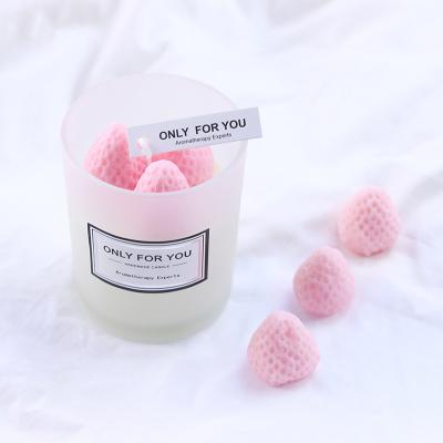 China Big Size Strawberry Scented Jam Shape Promotional Frosted Glass Jar Soy Wax Scented Candle For Birthday Gift for sale