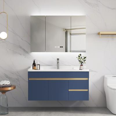 China 2021 Modern Hot Sale Blue Color Wooden Bathroom Vanity Cabinet Blue With Basin Mirror Set for sale