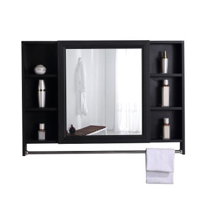 China Modern Bathroom Frosting Black Storage Mirror Cabinet Vanity With Towel Rack for sale