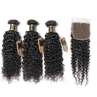 China Unprocessed Top Quality Brazilian Virgin Curly Hair 3 Bundles Curly Wave Virgin Hair 10A Grade Lace Closure for sale