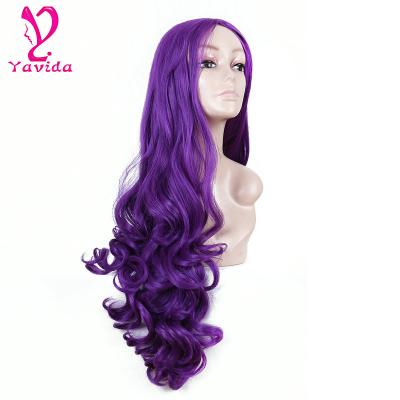 China Wholesale Cheap Body Wave Heat Resistant Fiber Hair Natural Wavy Side Bangs Purple Color Synthetic Machine Made Wig For White Women for sale