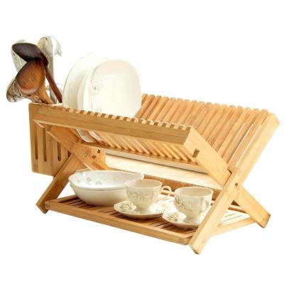 China Sustainable Bamboo Foldable Draining Rack Dish Drying Rack With 2-Tiers Dish Holder And Chopstick Holder for sale