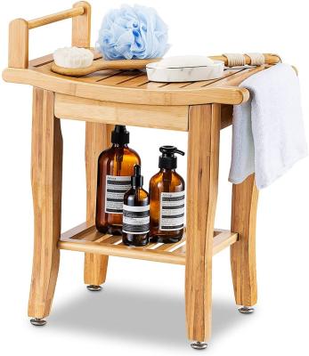 China Addreen Sustainable Bamboo Shower Seat Bench with Shelf Luxury Bathroom Stool Spa Chair Spa Bath Organizer for sale