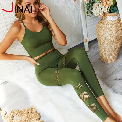 China Custom sexy sleeveless high waisted antibacterial seamless shapewear sports bra and mesh workout leggings for sale