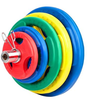 China Universal Define Custom Fitness Logo Cheap Gym Equipment Colored Rubber Coated 30mm Holes Cast Weight Plate With Handle for sale