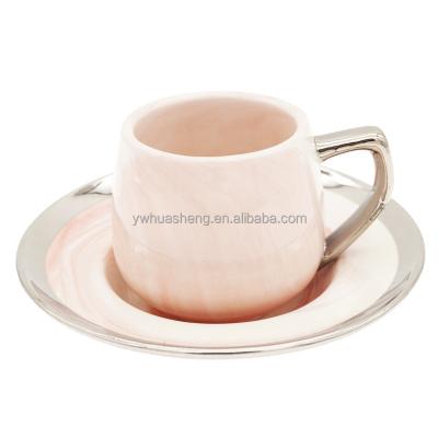 China 2021New Sustainable Marble Iced Turkish Coffee Mug Plating Small Ceramic Coffee Sets Silver / Gold Rim Gold Handle for sale