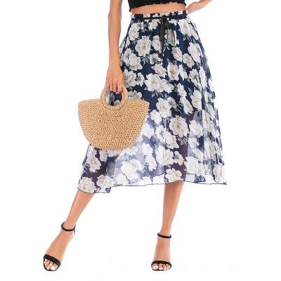 China Breathable Hot Sale Fashion In Europe And USA A-Word Flower Slim Beach Casual Dress Long Chiffon Skirt With A Belt for sale