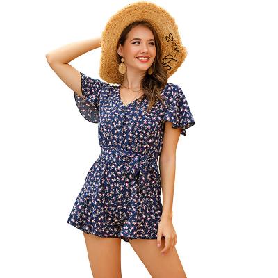 China Breathable Women Europe and the United States Summer New Floral Short Sleeve Lace-Up Overalls Shorts Casual V-Neck Overalls for sale