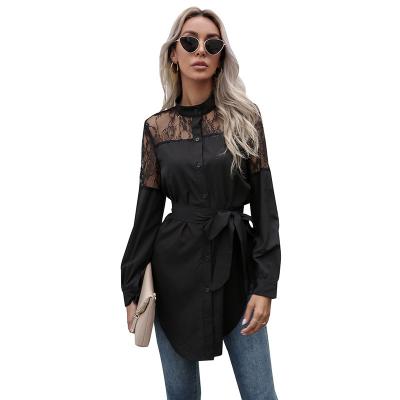 China 2021 Spring New Style Round-necked Breathable Women's Long Sleeve Lace Patchwork Black Long Sleeve Shirt for sale