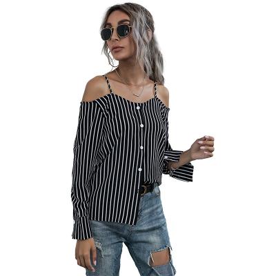 China 2021 New Breathable Women Spring Summer Vertical Stripe Neck Long Sleeve One-Piece Sling With Chiffon Shirt Casual Sexy Shirt for sale