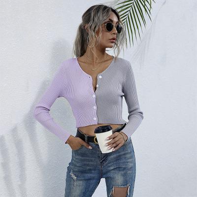 China Fashion Breathable Women's V-Neck Long Sleeve Knitted Sweater Coat Buttoned Slim Knitwear Women Contrasting Colors Tops for sale