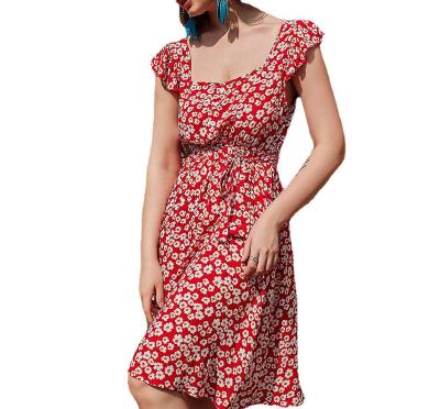 China 2021 breathable women's French dress new spring and summer elegant style floral dress long with collar square casual dress for sale