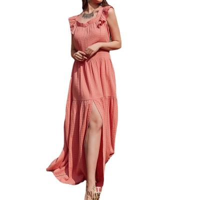 China 2021 High Quality Sexy Women Summer Breathable Elegant Side Split Square Collar Lotus Leaf Sleeve Casual Dresses for sale