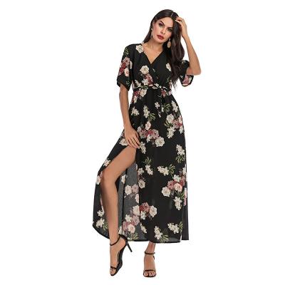 China 2021 Summer Women's Long Dress V-Neck Casual Beach Wear Floral Short Sleeve Sexy Breathable Dress Wholesale for sale