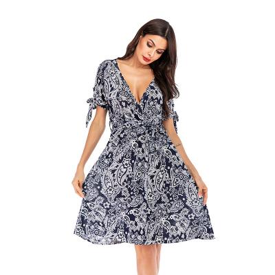 China New Fashion Summer Breathable Elegant French Floral Bow Tie Wholesale V-Neck Short Sleeve Dress Casual Sexy Dresses for sale