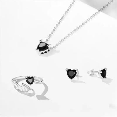 China Jewelry Set Zircon Earrings 925 Sterling Silver Black Stone Ring Heart Necklace Women'S for sale