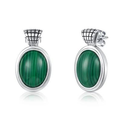 China Custom Vintage 925 Sterling Silver Earrings Oval Green Gemstone Earrings for sale