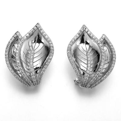 China Striped Leaves Earrings 925 Silver CZ Earrings Nature Series Customized for sale