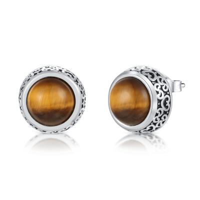 China 3.39gram Tiger Eye Stud Earrings Round-Vattingsolie Zwarte 925 Sterling Silver Te koop