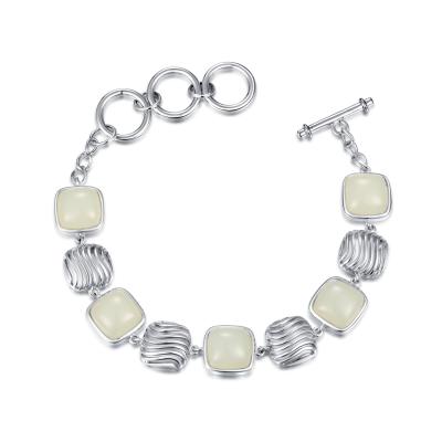 China Lucky Stone 925 Sterling Silver Gemstone Bracelet 10x10mm White Jade Bead Bracelet for sale