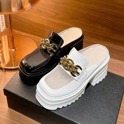 China New Baotou Metal Chain Thick Bottom Half Slippers Women Real Slope Breathable Leather Lazy Heel Shoes Mesh Ultra-high Heel Sandals In Sum for sale