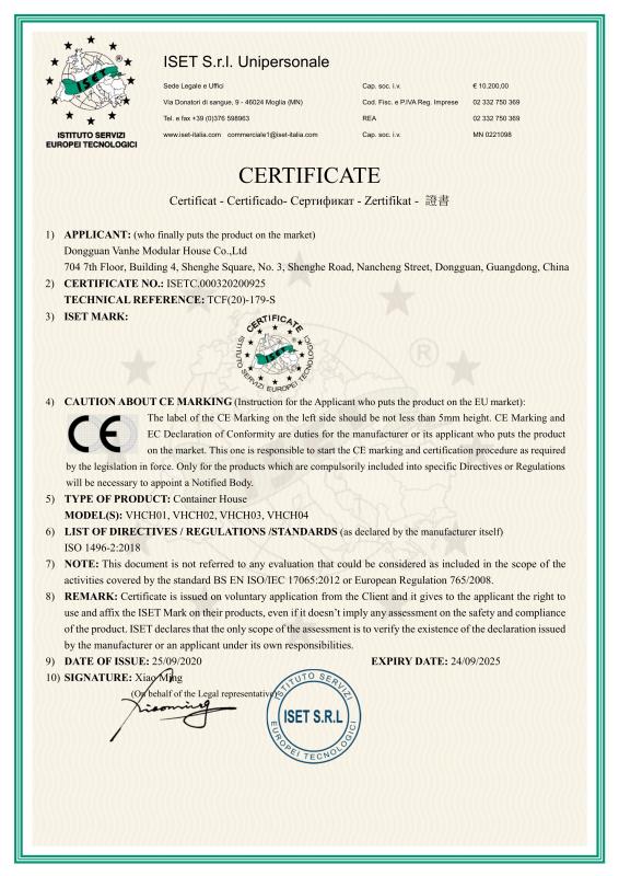 CE - Dongguan Vanhe Modular House Co., Ltd.