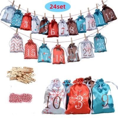 China 24 Days Eco-Friendly Satin Hanging Christmas Advent Calendar Gift Bag Christmas Countdown Holiday Decor Bags DIY Advent Calendars Candy Gift Bag for sale