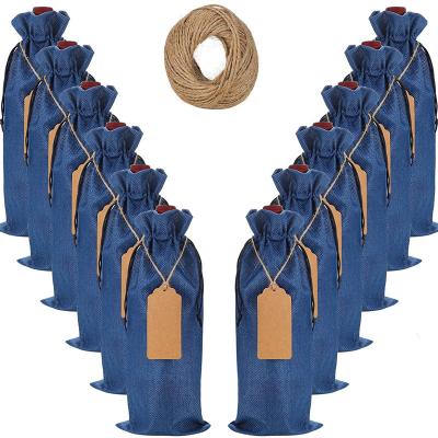 China 10pack Eco-Friendly Reusable Burlap Wine Bottle Gift Bags With DrawstringTags Strings For GIF Christmas Wedding Birthday Holiday Party Blue for sale