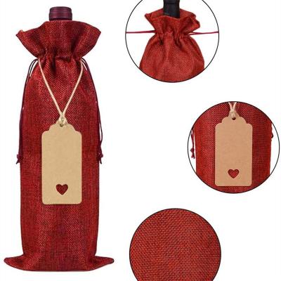 China Durable Reusable 10pack Drawstring Burlap Wine Gift Bags Wine Bottle Covers with Strings and Tags for sale