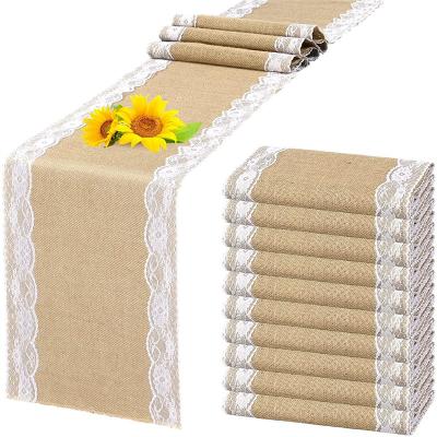 China Durable Burlap Table Runner Rustic Vintage Lace Up Natural Burlap Table Runner Lace Burlap Table Cover For Wedding Party Decor for sale