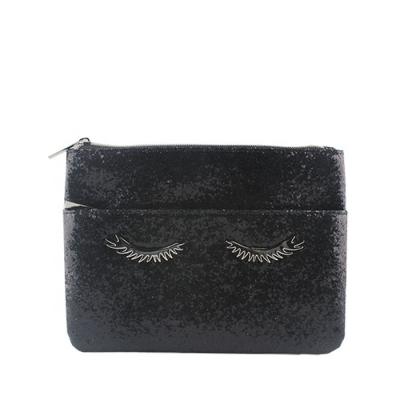 China Hot Sale Fashion Glitter Pouch Novelty Vogue Eyelash Bag Charming Black Cosmetic Bag With Two Zipper Pockets for sale