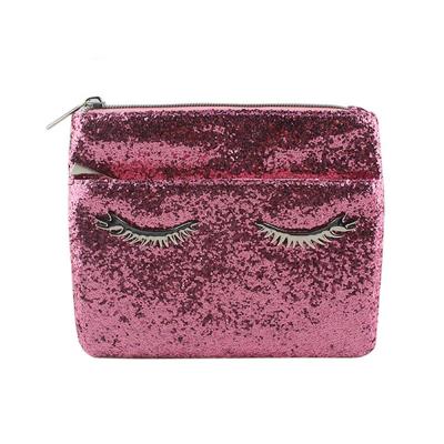 China Fashion Bling Bling Glitter Hardware Design Unique Rose Color Cosmetic Bag Metal Eyelash Label Flat Makeup Bag for sale