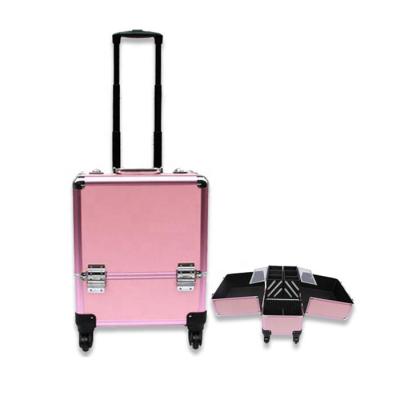 China Professional Makeup Artist Rolling Train Case Logo Pink Aluminum Fashion PC Beauty Custom Travel Case With Wheels for sale