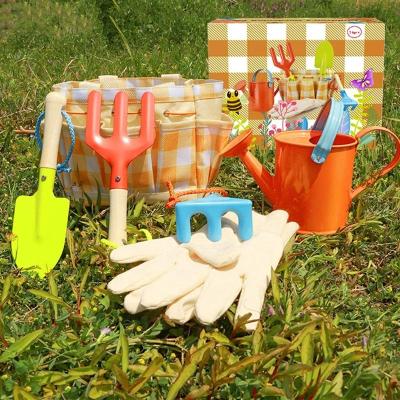 China Colorful Coated Steel Kids Garden Real Tool Kit Shovel Hand Rake Gardening Fork With Wooden Handles for sale